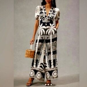 Farm Rio Jumpsuit Linen Tropical Palm Leaf Black White V-Neck Puff Sleeve